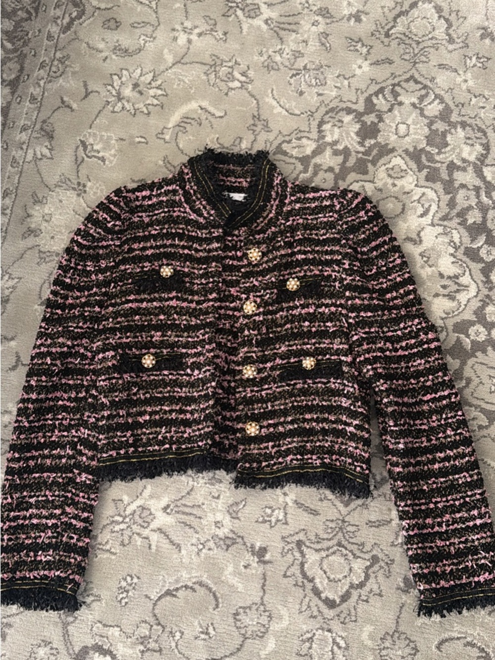 Zara Cropped Black & Pink Tweed Jacket with Gold Buttons